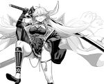  1girl asymmetrical_horns azur_lane black_gloves breasts dress gloves greyscale hakuryuu_(azur_lane) high_heels highres holding holding_sword holding_weapon hori_(hori_no_su) horns huge_weapon large_breasts long_hair looking_down monochrome official_art pleated_dress sheath skindentation sword unsheathing weapon wide_sleeves 
