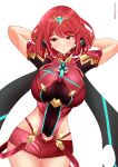  1girl absurdres arms_up artist_name breasts core_crystal_(xenoblade) covered_navel cowboy_shot fingerless_gloves gloves highres impossible_clothes large_breasts meisaki parted_lips patreon_username pyra_(xenoblade) red_eyes red_hair red_shorts short_hair short_shorts shorts solo swept_bangs thigh_gap tiara white_background xenoblade_chronicles_(series) xenoblade_chronicles_2 