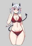  1girl bikini black_horns blush breasts cawfield cleavage commentary cropped_legs demon demon_girl demon_tail english_commentary eyebrows_visible_through_hair heart heart-shaped_pupils helltaker horns large_breasts looking_at_viewer modeus_(helltaker) red_eyes signature smile swimsuit symbol-shaped_pupils tail white_hair 