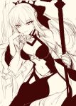  1girl black_ribbon fate/grand_order fate_(series) greyscale head_rest highres looking_at_viewer m-da_s-tarou monochrome morgan_le_fay_(fate) navel ribbon sketch smirk solo staff thighhighs thighs 