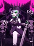  1girl absurdres bat_wings black_nails blue_hair breasts bsapricot_(vtuber) cleavage cleavage_cutout clothing_cutout colored_inner_hair fang fishnets green_eyes green_hair highres horns jewelry lich medium_breasts multicolored_hair multiple_horns open_mouth potterzilla purple_background single_thighhigh skeleton skin_fang skull sword thighhighs tiara virtual_youtuber vshojo weapon wings 