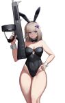  1girl aa-12 aa-12_(girls&#039;_frontline) ahoge animal_ears black_leotard blonde_hair blue_eyes breasts candy cero_(last2stage) cleavage commission covered_navel detached_collar fake_animal_ears food food_in_mouth girls&#039;_frontline gun hair_ornament hand_on_own_hip hand_up highres holding holding_weapon leotard lollipop long_hair medium_breasts playboy_bunny rabbit_ears revision shotgun smile solo star_(symbol) star_hair_ornament thick_thighs thighs trigger_discipline weapon 
