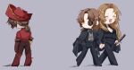  2boys black_coat black_jacket black_pants blush boots brown_hair brown_pants chibi closed_eyes coat dual_persona full_body gregor_(project_moon) hat holding_hands jacket limbus_company long_hair mechanical_arms multiple_boys open_mouth pants pirate_hat project_moon red_footwear red_hat red_jacket rengonoko2 rodion_(project_moon) single_mechanical_arm smile very_long_hair 