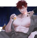  1boy abs absurdres arm_rest bottle cigarette collarbone couch cup ear_piercing grey_kimono hand_up highres holding holding_cup holding_lighter japanese_clothes kimono leaning_back light_smile lighter looking_to_the_side male_focus night nipples on_couch open_clothes original parted_bangs pectorals piercing red_eyes red_hair short_hair sitting smoking timy505 twitter_username upper_body window 