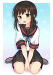  1girl bangs black_legwear black_sailor_collar black_skirt blue_neckwear blush brown_hair commentary_request commission fubuki_(kancolle) green_eyes kantai_collection kneehighs low_ponytail nagasioo open_mouth pleated_skirt ponytail remodel_(kantai_collection) sailor_collar school_uniform serafuku short_ponytail short_sleeves sidelocks simple_background sitting skeb_commission skirt snowflakes solo 