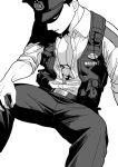  1boy abs absurdres belt black_pouch black_vest collared_shirt eyes_in_shadow greyscale hand_on_floor hand_on_own_knee hat head_down highres kamenreon1213 leaning_back looking_at_viewer male_focus monochrome open_clothes open_shirt original pants parted_lips pectorals police police_hat police_uniform shaded_face shirt short_hair simple_background sitting sleeves_rolled_up solo spread_legs toned toned_male uniform vest white_shirt 