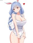  1girl animal_ear_fluff animal_ears apron blue_hair braid braided_ponytail breasts cleavage heart highres hololive large_breasts long_hair looking_at_viewer mature_female multicolored_hair naked_apron pekomama rabbit_ears rabbit_girl red_eyes sharly short_eyebrows solo streaked_hair virtual_youtuber white_apron white_background white_hair 