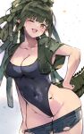  1girl arknights breasts cleavage collarbone covered_navel cowboy_shot crocodile_girl crocodilian_tail crop_top dreadlocks gavial_(arknights) green_hair green_tail highres kyuu_(plastic_night_q) looking_at_viewer one-piece_swimsuit one_eye_closed open_mouth pointy_ears short_shorts shorts smile solo spiked_tail swimsuit tail teeth thighs upper_teeth_only yellow_eyes 