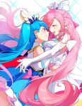  2girls absurdres ahoge bai_xin blue_cape blue_eyes blue_hair bow braid cape closed_eyes closed_mouth commentary cure_prism cure_sky detached_sleeves dress earrings glove_bow gloves hair_ornament heart heart_ahoge highres hirogaru_sky!_precure hug jewelry long_hair magical_girl multiple_girls nijigaoka_mashiro open_mouth pink_bow pink_hair precure puffy_detached_sleeves puffy_sleeves red_cape side_braids sidelocks single_earring sora_harewataru swept_bangs twintails two-sided_cape two-sided_fabric very_long_hair white_bow white_dress white_gloves wing_hair_ornament yuri 