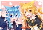  2girls animal_ears aqua_hair asymmetrical_hair bangs black_sailor_collar blonde_hair blush cat_ears cat_girl cat_tail claw_pose commentary_request commission fang hair_between_eyes kantai_collection long_hair long_sleeves low_twintails minazuki_(kancolle) multiple_girls nagasioo open_mouth paw_print remodel_(kantai_collection) sailor_collar satsuki_(kancolle) school_uniform serafuku short_hair simple_background skeb_commission tail twintails twitter_username upper_body yellow_eyes yellow_neckwear 