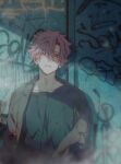  1boy against_wall blood blood_on_clothes blush ear_blush graffiti green_shirt grey_hair grey_jacket head_tilt highres jacket light looking_down male_focus ohsoukamo open_clothes open_jacket orange_eyes original parted_bangs parted_lips shirt short_hair solo upper_body 