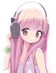  1girl bangle bare_shoulders blunt_bangs blush bracelet brown_eyes camisole headphones highres jewelry lisa_(mochi070823) long_hair looking_at_viewer original pink_hair simple_background sleeveless smile solo upper_body white_background white_camisole 