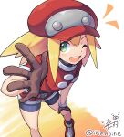  1girl absurdres belt bike_shorts blonde_hair brown_gloves cabbie_hat cropped_jacket gloves green_eyes hat highres irie_keisuke_(handn) jacket long_hair looking_at_viewer mega_man_(series) mega_man_legends_(series) one_eye_closed open_mouth red_hat red_jacket red_shorts roll_caskett_(mega_man) short_sleeves shorts smile solo 