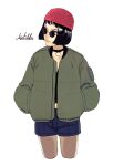  1girl beanie black_eyes black_shirt blue_shorts bob_cut character_name closed_mouth cropped_legs green_jacket hands_in_pockets hat jacket leon_the_professional long_sleeves looking_to_the_side mathilda_lando midriff_peek nemo_brand open_clothes open_jacket pendant_choker red_hat round_eyewear shirt short_hair short_shorts shorts simple_background solo standing sunglasses 