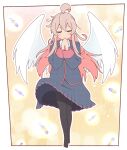  1girl :&gt; ahoge angel angel_wings black_jacket black_pantyhose black_skirt border bottle closed_eyes commentary full_body goron_(phde2424) hair_between_eyes highres jacket light_blush long_hair long_sleeves no_shoes onii-chan_wa_oshimai! outline outside_border own_hands_clasped own_hands_together oyama_mahiro pantyhose pink_hair pleated_skirt school_uniform simple_background skirt smile solo very_long_hair white_border white_outline wings 