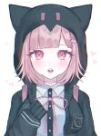  1girl breasts brown_hair collared_shirt danganronpa_(series) danganronpa_2:_goodbye_despair flipped_hair hair_ornament highres hood jacket long_sleeves looking_at_viewer medium_hair nanami_chiaki neck_ribbon open_clothes open_jacket pink_eyes pink_ribbon ribbon shirt solo spaceship_hair_ornament white_shirt 