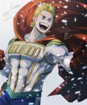  1boy blonde_hair blue_eyes bodysuit boku_no_hero_academia cape covered_abs gloves happy_birthday highres light_particles mahoubin_(totemo_hot_dayo) male_focus open_mouth pectorals red_cape red_gloves short_hair sideburns smile solo spiked_hair teeth togata_mirio toned toned_male tongue upper_body white_bodysuit wind 