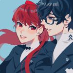  1boy 1girl amamiya_ren bangs black_hair blush couple eye_contact glasses hair_ribbon hetero long_hair looking_at_another persona persona_5 persona_5_the_royal ponytail red_eyes red_hair ribbon short_hair shuujin_academy_uniform simple_background smile witchdetective yoshizawa_kasumi 