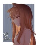  1girl animal_ear_fluff animal_ears ayakura_juu border breasts bright_pupils brown_hair close-up closed_mouth commentary_request grey_background hair_between_eyes hair_over_breasts holo long_hair looking_down nude official_art profile rain red_eyes sad second-party_source simple_background small_breasts solo spice_and_wolf straight_hair tail translation_request wet white_border wolf_ears wolf_tail 