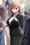  1girl absurdres bag black_skirt blazer blurry blurry_background blush breasts brown_eyes brown_hair business_suit cellphone cowboy_shot hand_on_own_chest handbag highres jacket large_breasts looking_at_viewer mole mole_under_eye office_lady ol-chan_(udon) original pantyhose parted_lips pencil_skirt phone shirt shoulder_bag skirt smartphone solo_focus suit udon_(udonalium) white_shirt wing_collar 
