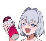  1boy :d absurdres astolfo_monster_cosplay_(meme) blue_eyes blush boros_(ouro_kronii) can commentary drink_can english_commentary fang grey_hair hair_between_eyes hair_intakes highres holding holding_can hololive hololive_english koizumi_arata meme open_mouth otoko_no_ko portrait sexually_suggestive simple_background skin_fang slit_pupils smile smug soda_can solo white_background 