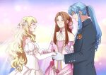  1boy 2girls ascot autumn-sacura beware_the_villainess bisexual_(female) blonde_hair blue_hair blush brown_hair closed_eyes dress elbow_gloves formal gloves hetero holding_hands long_hair melissa_podebrat multiple_girls nine_(beware_the_villainess) pink_dress polygamy ponytail suit wedding_dress white_dress yuri_elizabeth 