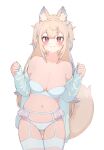  1girl :3 animal_ear_fluff animal_ears ass_visible_through_thighs bare_shoulders blonde_hair blue_eyes blush bra breasts colored_inner_animal_ears commentary contrapposto cowboy_shot dog_ears dog_girl dog_tail fangs fuwawa_abyssgard garter_belt hands_up highres hololive hololive_english jacket large_breasts long_hair looking_at_viewer multicolored_hair navel nezunayu off_shoulder pink_eyes simple_background sleeves_past_wrists solo straight-on streaked_hair tail thigh_gap thighhighs thighs two_side_up underwear virtual_youtuber white_background white_bra white_jacket white_thighhighs 