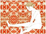  1girl androgynous border brown_eyes brown_hair colored_skin completely_nude feet floral_background kst1911 midair navel nude original painting_(medium) petite red_background short_hair sitting skinny solo traditional_media upturned_eyes watercolor_(medium) white_skin 