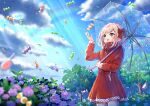 1girl :d bangs blue_flower blue_sky blurry blurry_foreground blush bow brown_hair candy cloud cloudy_sky coat commentary_request day depth_of_field eyebrows_visible_through_hair falling flower food green_eyes hair_bow hand_up holding holding_umbrella hydrangea light_rays lollipop long_sleeves looking_away looking_up mizuki_(lvo0x0ovl) open_mouth original outdoors pocket polka_dot purple_flower rainbow raincoat red_bow red_coat shiny shiny_hair short_hair sidelocks sky smile solo sparkle standing sunlight transparent transparent_umbrella tree umbrella zipper zipper_pull_tab 