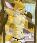 abs anthro anthro_pov bed black_nose blue_eyes brown_body brown_fur bulge canid canine cheek_tuft chromatic_aberration claws clothed clothing countershade_torso countershading curtains detailed_background facial_tuft finger_claws first_person_view fox fur furniture gloves_(marking) hi_res inside karura_(artist) looking_at_self looking_at_viewer male male_pov mammal markings mirror muscular muscular_anthro muscular_male navel orange_body orange_fur plant pupils shaded slit_pupils smile smirk snout solo tree tuft underwear underwear_only white_body white_clothing white_fur white_underwear