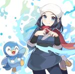  1girl blue_eyes blue_hair blue_shirt closed_mouth cowboy_shot female_protagonist_(pokemon_legends:_arceus) fingers_together gen_4_pokemon highres light_blush piplup pokemon pokemon_(creature) pokemon_(game) pokemon_legends:_arceus red_scarf sash scarf shirt sidelocks sketch smile spyg standing standing_on_one_leg water 