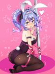  1girl :q absurdres ace_(playing_card) ace_of_hearts ahoge animal_ears ass bare_shoulders black_leotard black_pantyhose black_ribbon blue_eyes blue_hair blush breasts card cuffs fake_animal_ears fake_tail from_behind hair_ornament handcuffs hatsune_miku heart heart-shaped_pupils heart_ahoge highres kneeling large_breasts leotard long_hair looking_at_viewer multicolored_hair pantyhose pink_background pink_hair pink_nails pink_pupils pink_ribbon playboy_bunny playing_card pole rabbit_ears rabbit_hair_ornament rabbit_hole_(vocaloid) rabbit_tail restrained ribbon strapless strapless_leotard streaked_hair stripper_pole symbol-shaped_pupils tail teardrop_facial_mark tongue tongue_out twintails vocaloid white_hair x_hair_ornament yuki_kokoro 