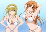  absurdres alice_zuberg armpits arms_behind_back asuna_(sao) bikini blonde_hair blue_background blue_eyes blush braid breasts breasts_apart brown_eyes brown_hair cleavage crown_braid gradient gradient_background groin hair_between_eyes hands_on_hips highres large_breasts leaning_forward long_hair looking_at_viewer open_mouth shiny shiny_skin swimsuit sword_art_online teeth teto0315 thighs tongue white_bikini white_headwear 