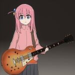  1girl beck black_skirt blue_eyes bocchi_the_rock! bullet_hole cube_hair_ornament electric_guitar frown gibson_les_paul gotoh_hitori gradient_background guitar guitar_strap hair_ornament highres holding holding_guitar holding_instrument instrument jacket looking_at_viewer lucille_(beck) pink_hair pink_jacket pink_track_suit side_ahoge skirt solo type-pro 