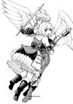  2girls angel armor armored_dress boots braid braided_sidelock detached_sleeves feathered_wings full_body gauntlets gloves greyscale hand_up head_wings holding holding_staff holding_sword holding_weapon hug looking_at_viewer monochrome multiple_girls ochlys_(unicorn_overlord) open_mouth profile sharon_(unicorn_overlord) short_hair simple_background smile staff standing sword takeshisu twin_braids twitter_username unicorn_overlord v-shaped_eyebrows weapon wings 