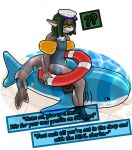 anthro blahaj clothing deathshork dialogue echidna_(deathshork) fish floatie gynomorph ikea inflatable intersex marine one-piece_swimsuit pool_toy poolside shark solo swimwear wet