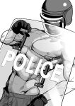  1boy abs absurdres black_gloves covered_mouth dutch_angle gloves grey_pants greyscale hand_up helmet highres kamenreon1213 looking_at_viewer male_focus monochrome nipples original pants pectorals police shield solo toned toned_male topless_male upper_body 