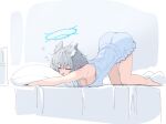  1girl absurdres animal_ear_fluff animal_ears bare_arms bare_legs bare_shoulders barefoot blue_archive blue_halo blue_shirt blue_shorts cat_stretch closed_eyes commentary_request full_body halo highres kilabo on_bed open_mouth pillow shiroko_(blue_archive) shirt shorts sketch_background solo stretching thighs top-down_bottom-up wolf_ears wolf_girl 