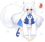  1girl animal_ear_fluff animal_ears blue_eyes blue_skirt breasts food indie_virtual_youtuber large_breasts lumi_(merryweather) meat plushcharm skirt solo tail thighhighs virtual_youtuber white_hair wolf_ears wolf_girl wolf_tail 