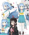  2girls =_= absurdres aged_down aqua_skirt beret black_hair black_hat black_serafuku blue_archive blue_hair blue_wings blush bubble_tea crepe entrance_ceremony food foodgasm hasumi_(blue_archive) hat highres long_hair_between_eyes mine_(blue_archive) multiple_girls multiple_views school_uniform serafuku shirt skirt unli_free white_shirt wings 