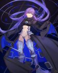  1girl absurdres armored_boots black_jacket blue_eyes blue_ribbon boots breasts cropped_jacket crotch_plate fate/extra fate/extra_ccc fate_(series) hair_ribbon highres jacket jiajiayu long_hair long_sleeves meltryllis_(fate) navel prosthesis prosthetic_leg purple_hair ribbon sleeves_past_fingers sleeves_past_wrists small_breasts solo very_long_hair 