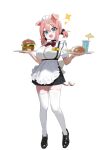  1girl absurdres animal_ears apron black_footwear black_skirt blue_eyes blush bow bowtie breasts burger button_gap cup food full_body hair_between_eyes highres holding large_breasts open_mouth original pig_ears pig_girl pig_tail pink_hair red_bow red_bowtie reverse_suspended_congress setakman shirt shoes short_twintails simple_background skirt solo sparkle standing suspenders tail thighhighs tray twintails waist_apron waitress white_background white_thighhighs 
