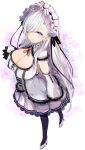  1girl alternate_costume azur_lane belfast_(azur_lane) black_legwear black_ribbon blue_eyes breasts cleavage detached_sleeves dress flower frilled_hairband frills from_above full_body gloves hair_flower hair_ornament hair_over_one_eye hairband high_heels lace-trimmed_dress lace-trimmed_skirt lace-trimmed_sleeves lace_trim large_breasts layered_skirt lolita_fashion long_hair looking_at_viewer looking_up pantyhose purple_flower raru_(nanaharararu) ribbon simple_background skirt solo very_long_hair white_background white_footwear white_gloves white_hair 