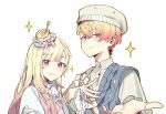  1boy 1girl blonde_hair blunt_bangs brother_and_sister chinese_commentary closed_mouth commentary_request gradient_hair hair_down hand_on_own_chest hat highres long_hair looking_at_viewer multicolored_hair orange_eyes orange_hair outstretched_hand pink_background pink_hair project_sekai short_hair siblings simple_background smile sparkle split_mouth tang_fen_yifu tenma_saki tenma_tsukasa two-tone_hair upper_body white_background 