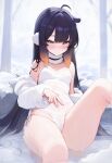  1girl alternate_costume bare_shoulders black_hair blush closed_mouth commentary covered_navel earmuffs english_commentary grey_eyes hand_on_own_stomach highres hololive hololive_english jacket knee_up koahri leotard long_sleeves looking_at_viewer mole mole_under_eye ninomae_ina&#039;nis off_shoulder onsen open_clothes open_jacket orange_hair puffy_long_sleeves puffy_sleeves snow solo spread_navel tentacle_hair virtual_youtuber white_jacket white_leotard 
