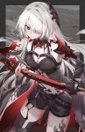  1girl acheron_(honkai:_star_rail) bare_shoulders black_gloves black_shorts breasts cleavage commentary cowboy_shot gloves hair_ornament hair_over_one_eye highres holding holding_sword holding_weapon honkai:_star_rail honkai_(series) katana long_hair looking_at_viewer mellow_kaede official_alternate_color red_eyes short_shorts shorts solo standing sword thighs very_long_hair weapon white_hair 