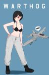  1girl a-10_thunderbolt_ii aircraft airplane artist_name atamonica bikini bikini_top black_bikini black_footwear black_hair boots combat_boots dated drawstring hand_on_hip highres military navel no_shirt nose_art original pants red_eyes sweatpants swimsuit 