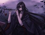  ayanobro bangs black_eyes black_hair boat chinese_clothes flute highres instrument long_hair mo_dao_zu_shi music playing_instrument solo very_long_hair water watercraft wide_sleeves wuxian_wei 