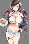  1girl absurdres apron between_breasts bikini blue_apron blue_bikini blue_shrug blush breasts brown_hair cleavage_cutout closed_mouth clothing_cutout commentary cowboy_shot demon_girl demon_horns demon_tail demon_wings dessert food frown girls_und_panzer green_eyes grey_background half-closed_eyes hand_on_own_hip highres holding holding_plate horns koyama_harutarou large_breasts long_hair long_sleeves looking_at_viewer navel plate pompadour simple_background solo standing sweatdrop swimsuit tail thigh_strap waist_apron wings yuri_(girls_und_panzer) 