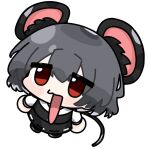  1girl animal_ear_fluff animal_ears black_skirt black_vest chibi cookie_(touhou) full_body grey_hair highres long_sleeves looking_at_viewer looking_up mouse_ears mouse_girl mouse_tail nazrin nyon_(cookie) open_mouth red_eyes shirt short_hair simple_background skirt solo tail touhou traveler_hxy vest white_background white_shirt 